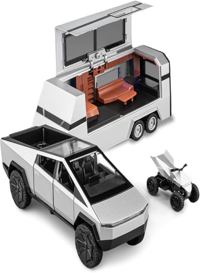 بلس بوينت طقم نموذج سيارة سايبرتراك من سبيكة معدنية بمقياس 1/32 من بلس بوينت، مع دراجة نارية شاطئية، وسيارة سايبرتراك معدنية مصبوبة، وصوت وإضاءة، وخاصية السحب للخلف، هدية مثالية لأعياد الميلاد، أسود - Image 1